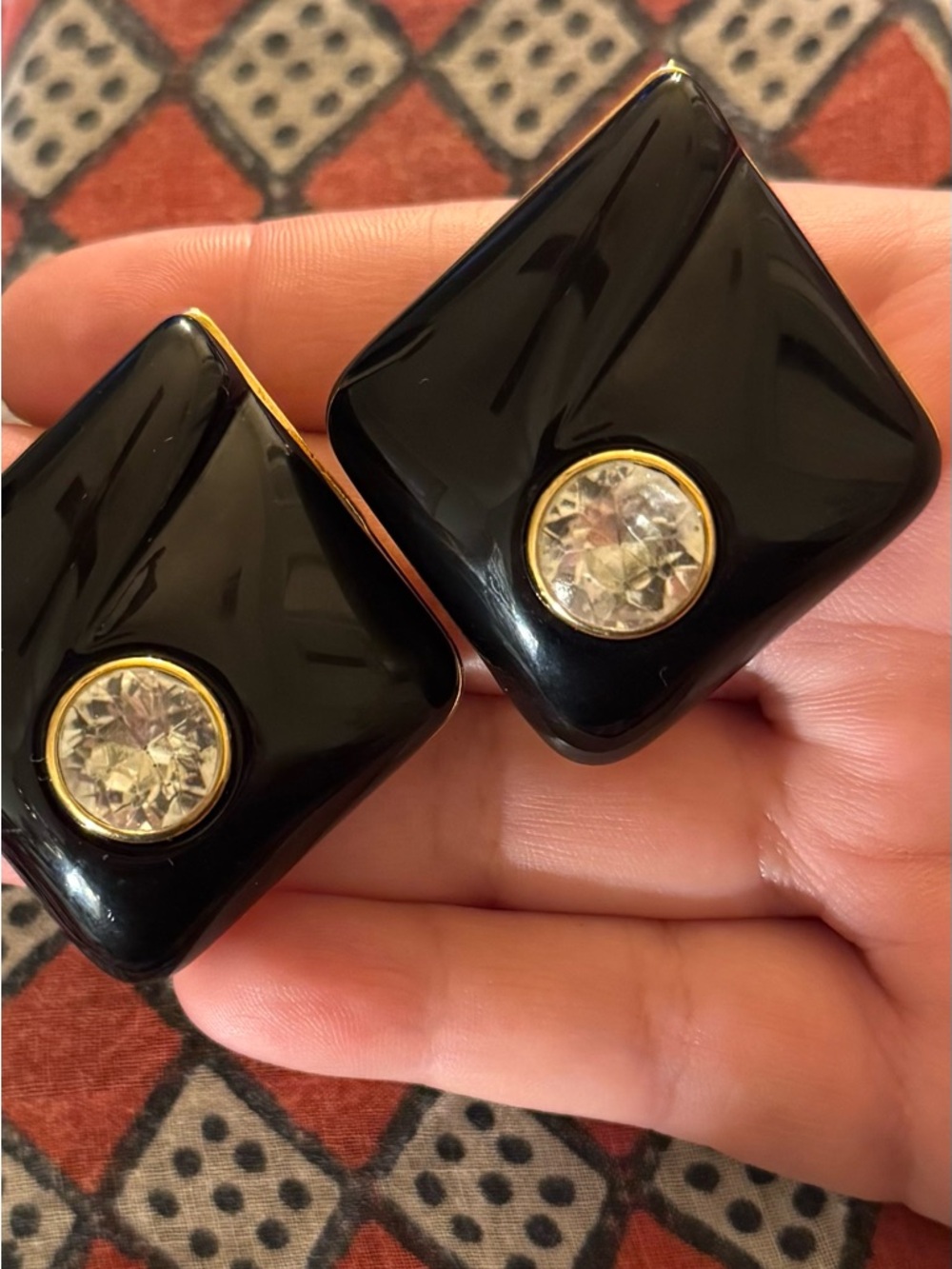 Black Diamond Lucite VTG Italian Earrings with Clear Crystal and Gold Trim - Picture 3 of 13